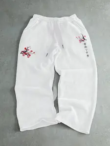 Men's Cherry Blossom Embroidery Sweatpants, Regular Fit Casual Comfy Jogger Pants for Spring & Fall, Men's Trousers for Daily Wear, Floral Print Sweatpants