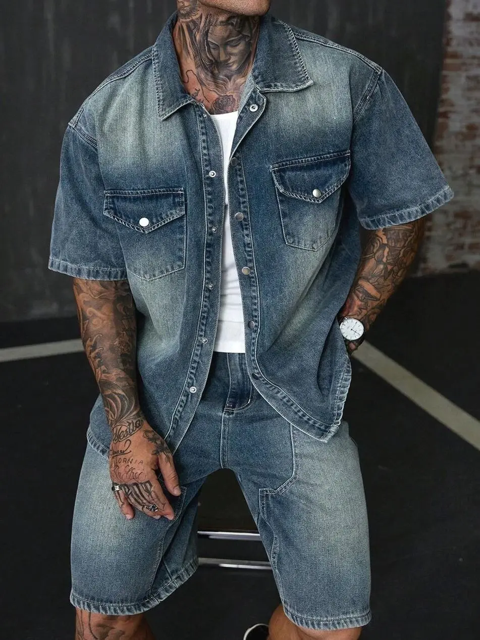 Men's 2 piece sets - Men's Washed Denim Shirt and Shorts Set, Two-Piece Casual Outfit for Summer Vacation summer clothing trending clothing trending clothes male clothing men 2 piece sets vacation outfits shorts for the summer vacation outfits