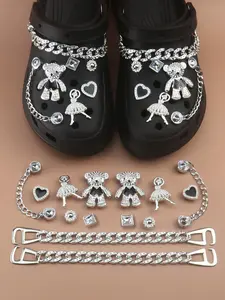 Bling Rhinestone Shoe Charms Set, Cute Bear & Ballerina Girl Design, Detachable Silver Chain Heart Flower Decorations For Clogs, Fashion DIY Shoe Accessories For Women Girls