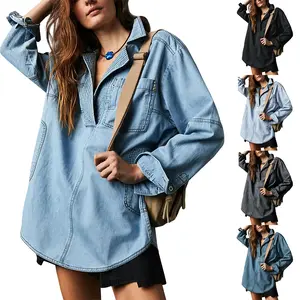 【US Shipping】Women's Denim Pullover Casual Button V Neck Blouse Loose Fit Long Sleeve Jean Jacket With Pocket