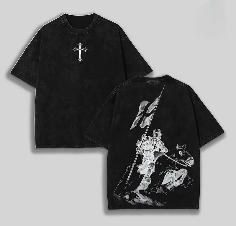 Men's Oversize Round Neck Graphic T-Shirt, Washed Cotton Christian Streetwear for Everyday & Festive Wear - Faith-based Fashion, Figure, Hand Wash Only, Fitted