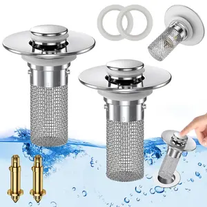 Pop-Up Bathroom Sink Drain Strainer with Removable Stainless Steel Filter Basket, Universal Sink Stopper for Bathroom & Kitchen,Bathroom Sink Stopper Hair Catcher,Anti-Clog, Easy Install