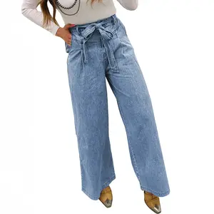 Women’s Beau Blue Western Washed Bow Knot Sash High Waist Wide Leg Jeans