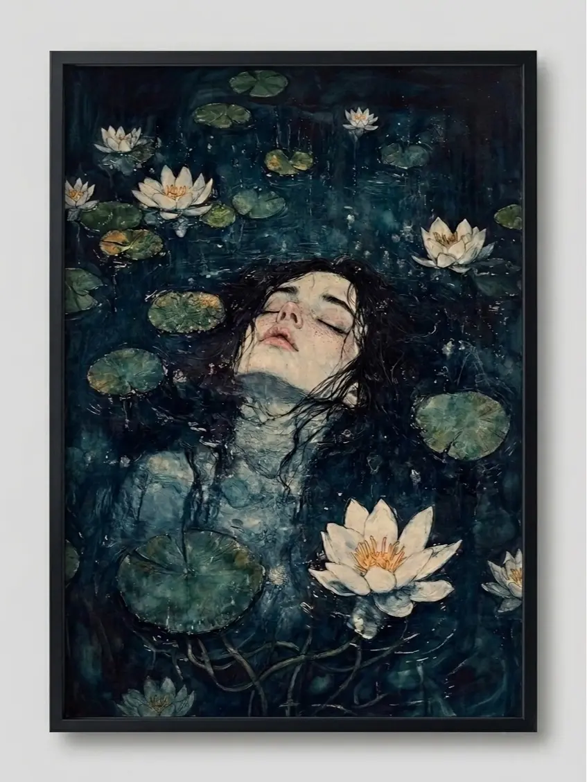 Artistic Ethereal Floating Woman & Water Lotus Pond Canvas Wall Art - Artwork, Black Framed/Unframed Poster, High-Quality Eco-Friendly Premium Material, Dark Academia Gothic Home Decor, Gift Option, Lightweight