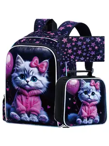 3PCS Girls Cat Bookbag Set, 16" Glittery UV Printing Kids Cute Backpack/School Bag with Lunch Box & Pencil Bag for Preschool to Elementary - Pink Well-Behaved Cat