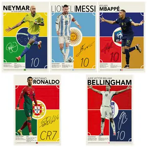Ronaldo Messi Mbappe Neymar Bellingham Soccer Canvas Art Poster Set of 5 Unframed 8x12inch Gifts for Boys Living Room Bedroom Decor High-Res Waterproof Eco-Solvent Ink Superior Quality UV Resistant