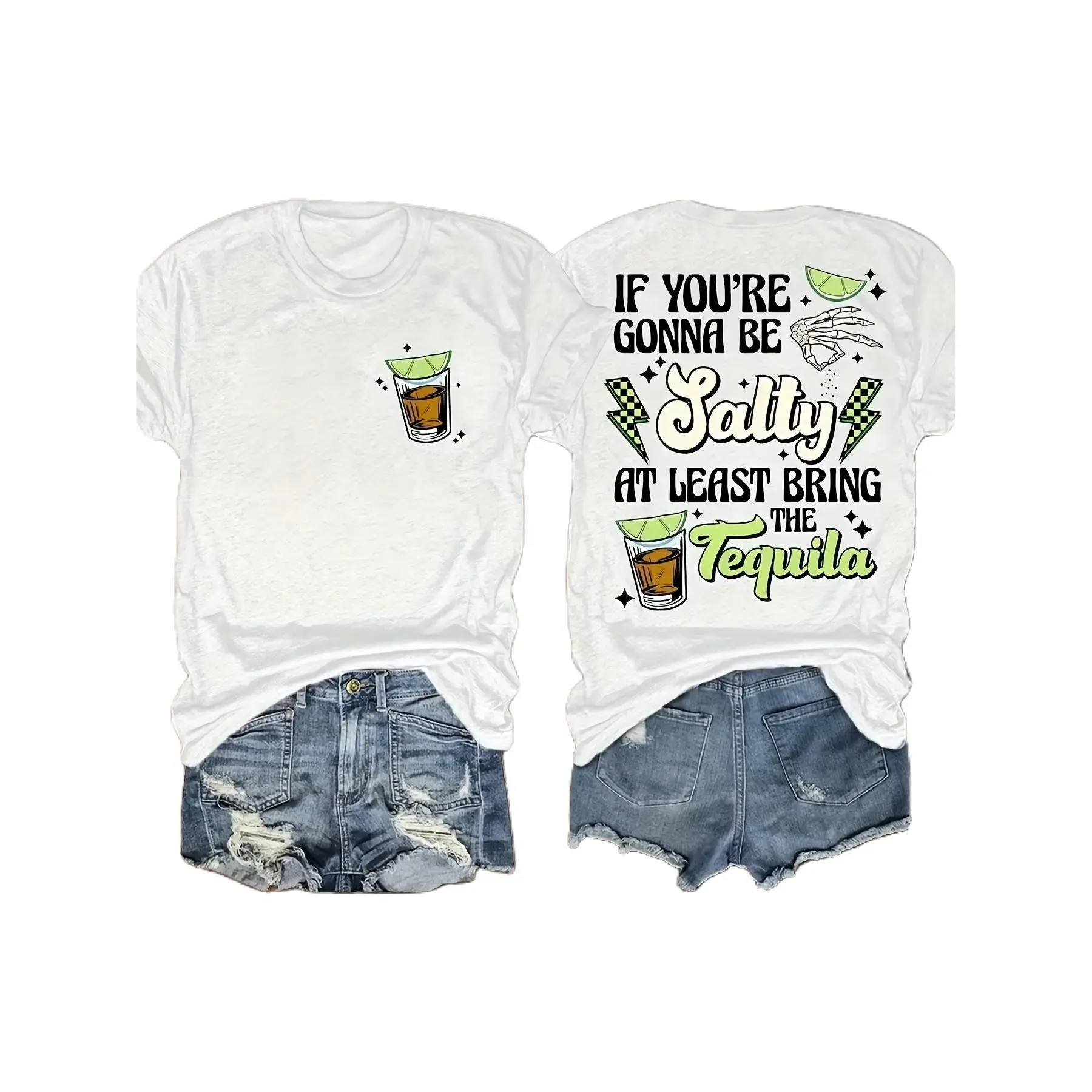 Women's Unisex Cotton Short-Sleeve Print T-Shirt - "If You're Gonna Be Salty At Least Bring The Tequila" Graphic, Double-Sided Skeleton Hand Design, Funny Drinking Vibe Top