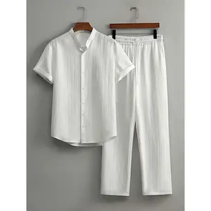 Men's Summer Casual Button Front Shirt & Drawstring Pants Set, Fashion Jacquard Breathable Quick-Dry, Stylish Two-Piece Suit