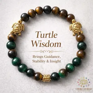 Handmade Turtle Wisdom Protection Bracelet – Tiger Eye & Green Tiger Eye Gemstone Bracelet