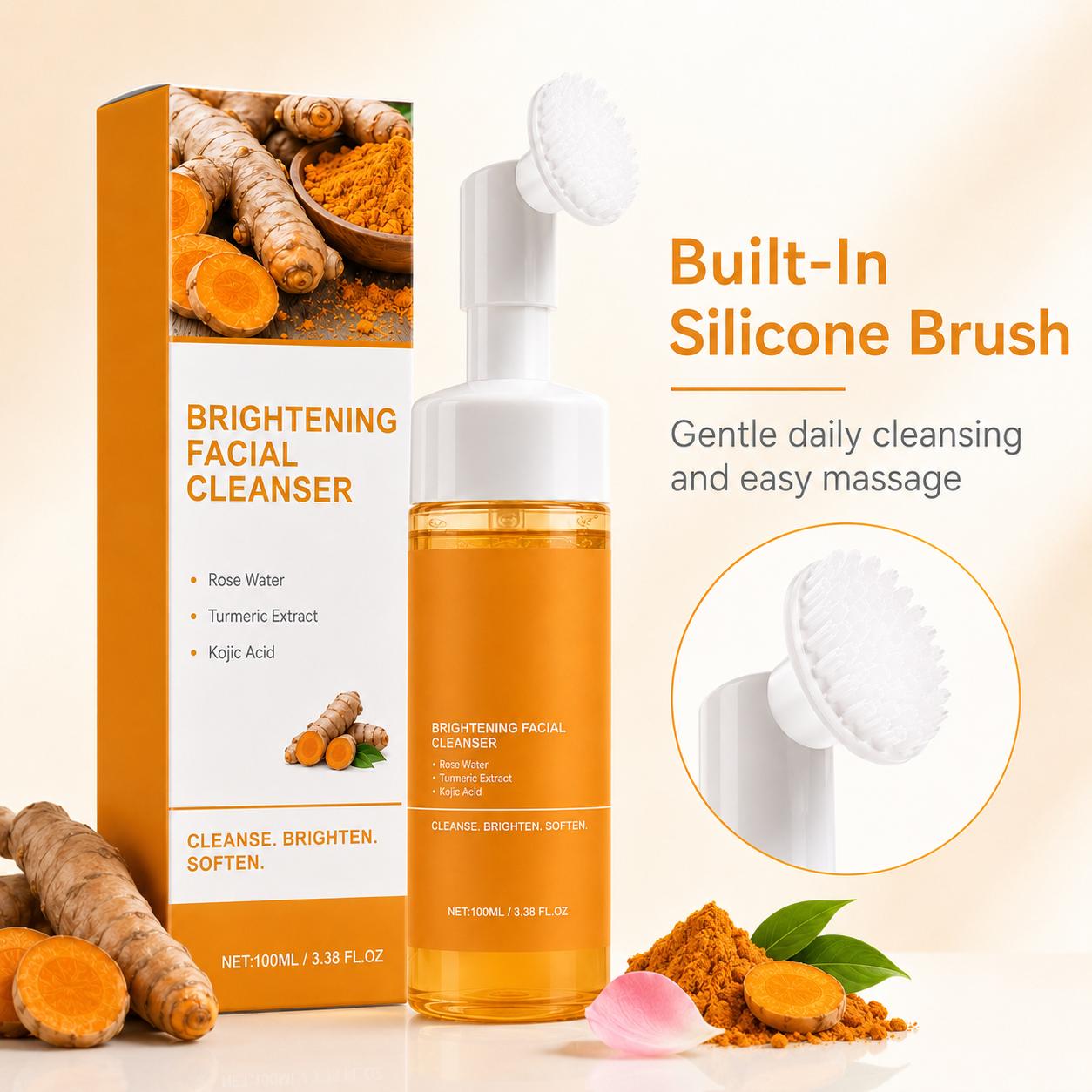 Turmeric & Kojic Acid Foaming Facial Cleanser (100ml) with Built-In Silicone Brush, Gentle Brightening Foamy Foam Face Wash with Turmeric Blend, Rose Water for All Skin Types, Daily Use & Freshness