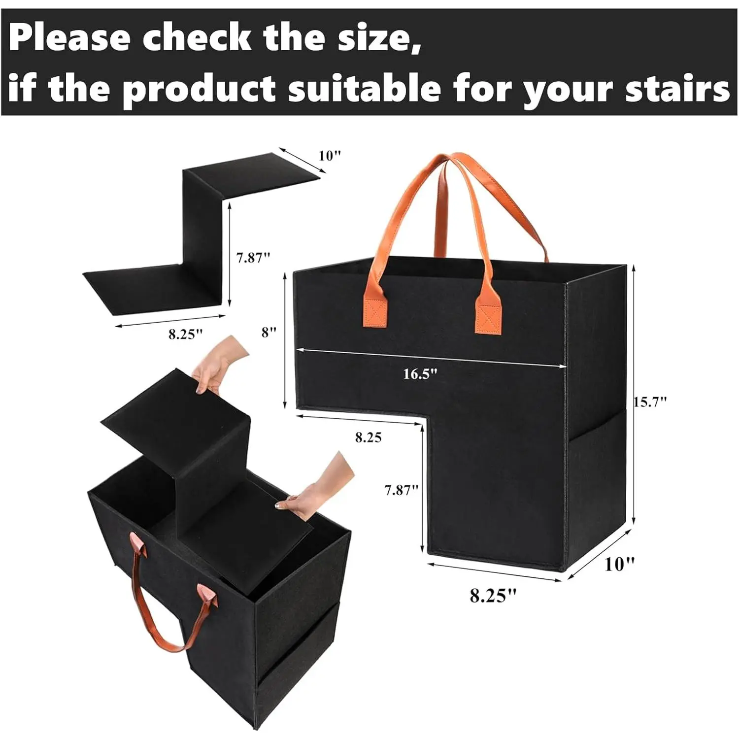 2 Pack Stair Basket with Leather Handle, Upgraded Foldable Step Basket Bins for Stairs, Felt Staircase Storage Organizer with Supporting Insert for Carpeted Wooden Stair, Book, Clothes, Computer