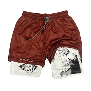 Shorts for Men Anime Sukuna Print Performance Shorts Summer Double Layer Beach Pants Fitness Training Pant Sports
