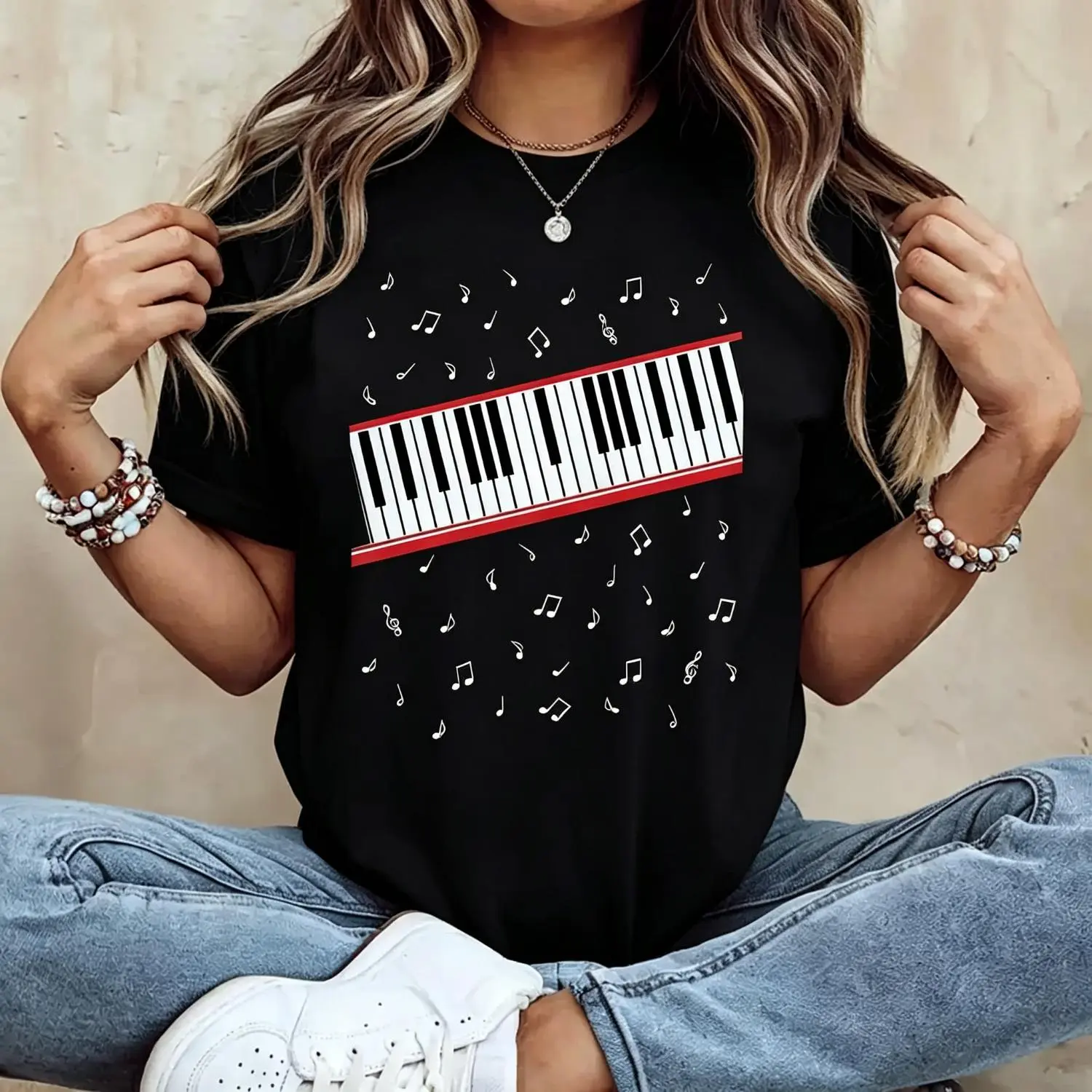 Women's Casual Short-Sleeve Streetwear Top, April Cotton T-Shirt Featuring Michael Jackson Beat It Piano Keys King of Pop Design, Shortsleeve, Tshirt, Bohemian