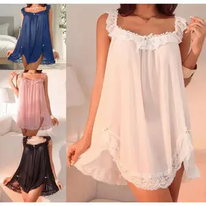 Women's Sleepwear Lace Nightdress Lace Trim Sleep Dress Vintage Nightgown Loungewear Pajamas with Briefs Clothes Fabric