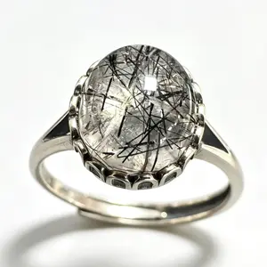 Natural Black Rutilated Quartz 925 Silver Adjustable Ring Anniversary Ring