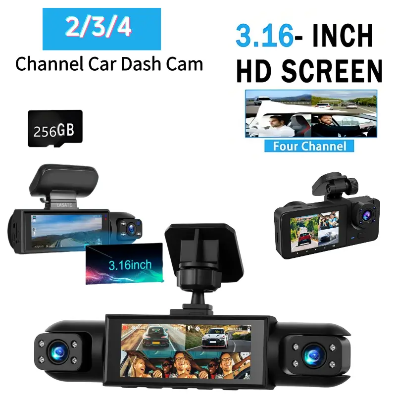 LASATE 2/3/4 Channel Car Dash Cam,1080P Car DVR with 64GB/128GB/256GB Memory Card，Car Video Surveillance with Night Vision，