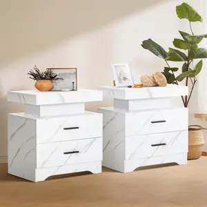 Phivilla LED Charging Station with 20 Color RGB Lights, Imitation Marble Texture, Remote Control, 2 Drawer Nightstands for Home Organization Luxury Bedroom Furniture Storage Cabinets