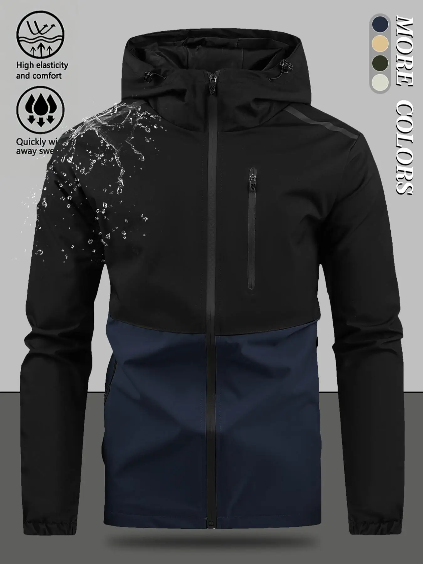 Men's Colorblock Zip Up Drawstring Hooded Jacket, Casual Regular Fit Drop Shoulder Jacket for Outdoor Daily Wear, Men's Outerwear for Spring & Fall