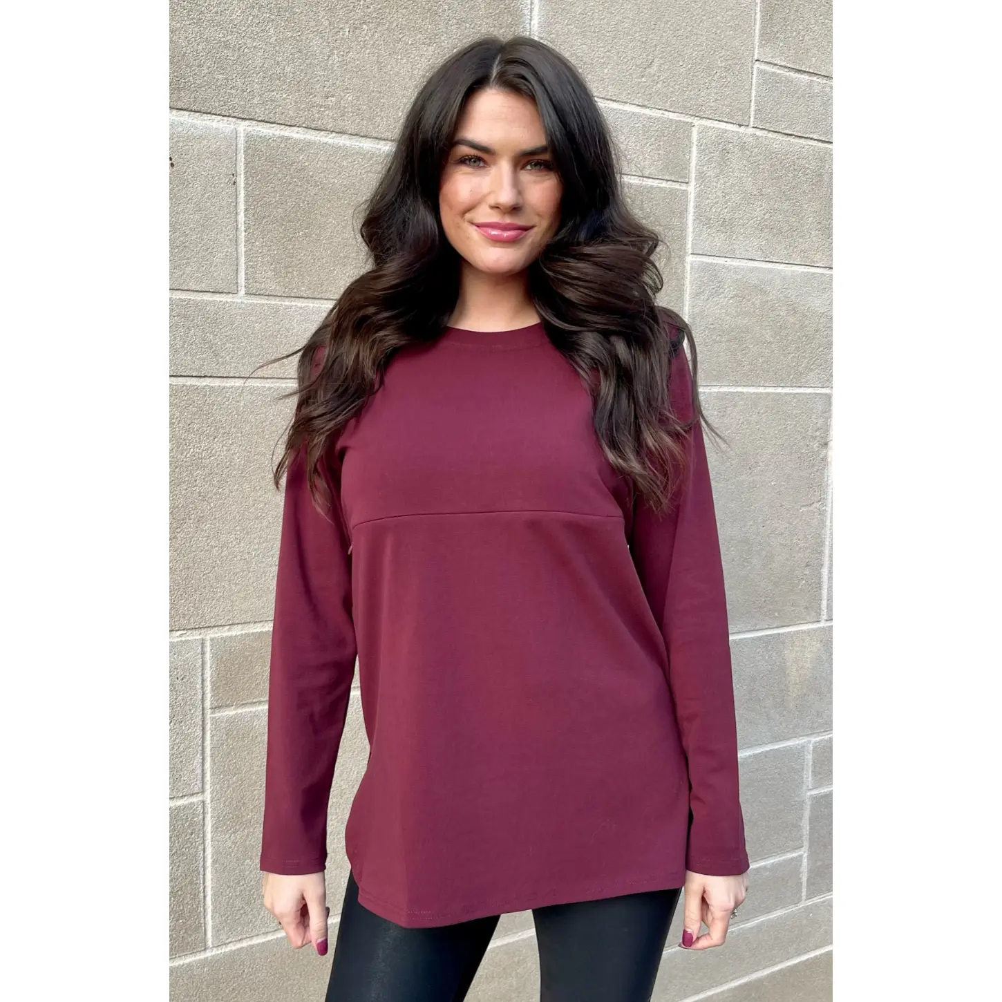Long Sleeve Nursing Tunic Top - Burgundy
