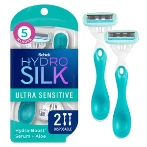 Schick Hydro Silk Sensitive Womens Disposable Razors, 2 Ct, 5-Blade Disposable Manual Womens Razors ( 3 Pack )