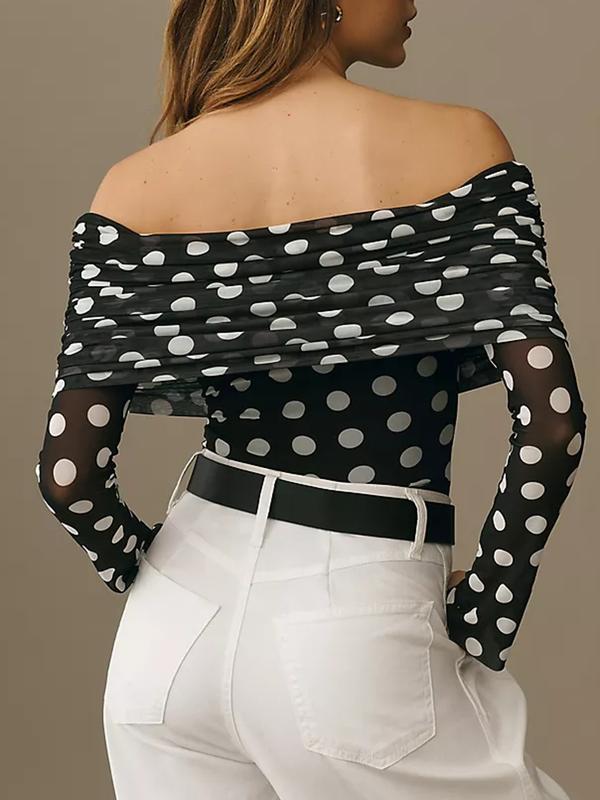 Women's Casual Polka Dot Print off Shoulder Short Top, Fitted Style, Moderate Fabric Thickness, All Seasons Wear