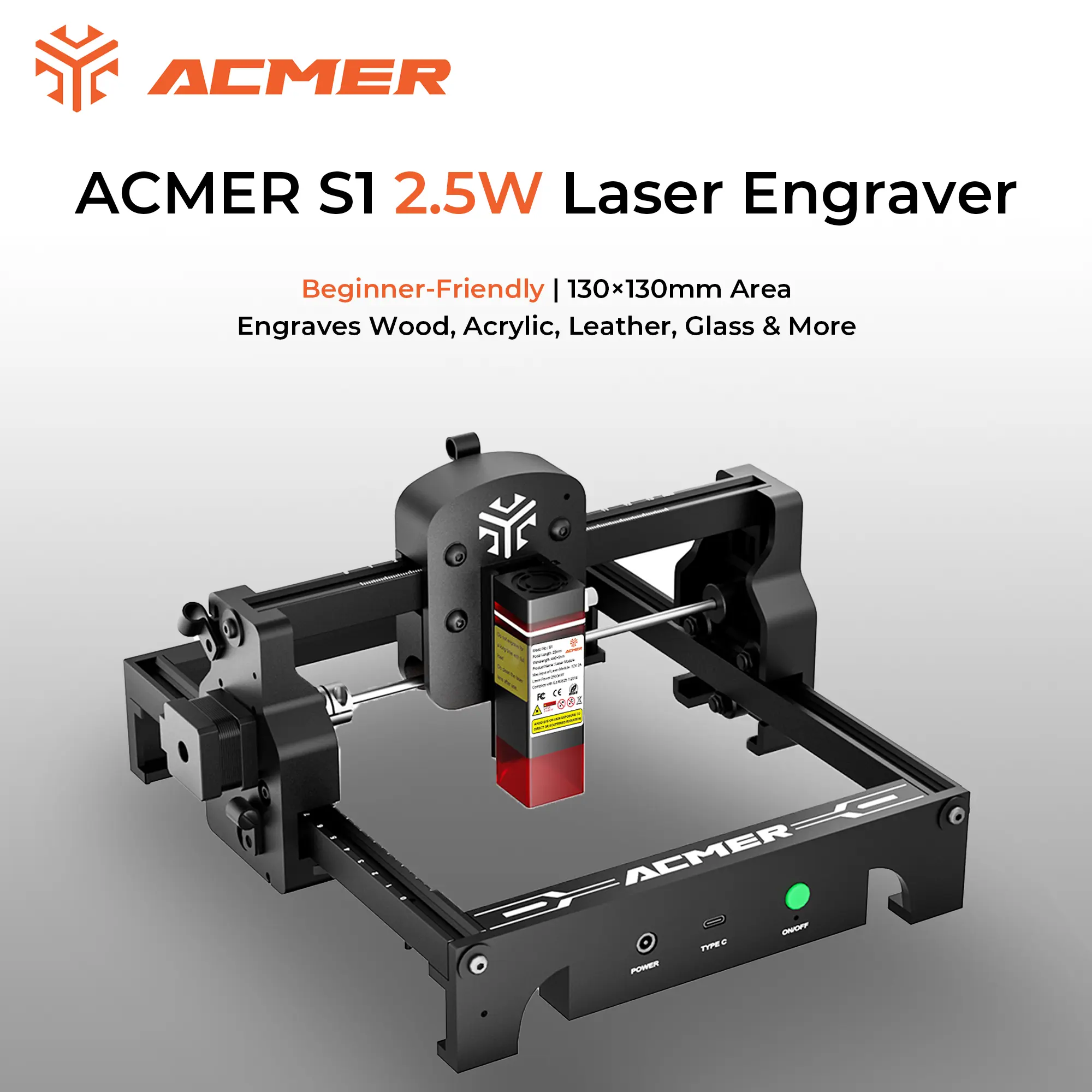 ACMER S1 2.5W Laser Engraver & Cutter, Easy Plug-and-Play Machine for DIY Gifts & Small Business, 130×130mm Work Area, Engraves Wood, Acrylic, Leather, Glass & More