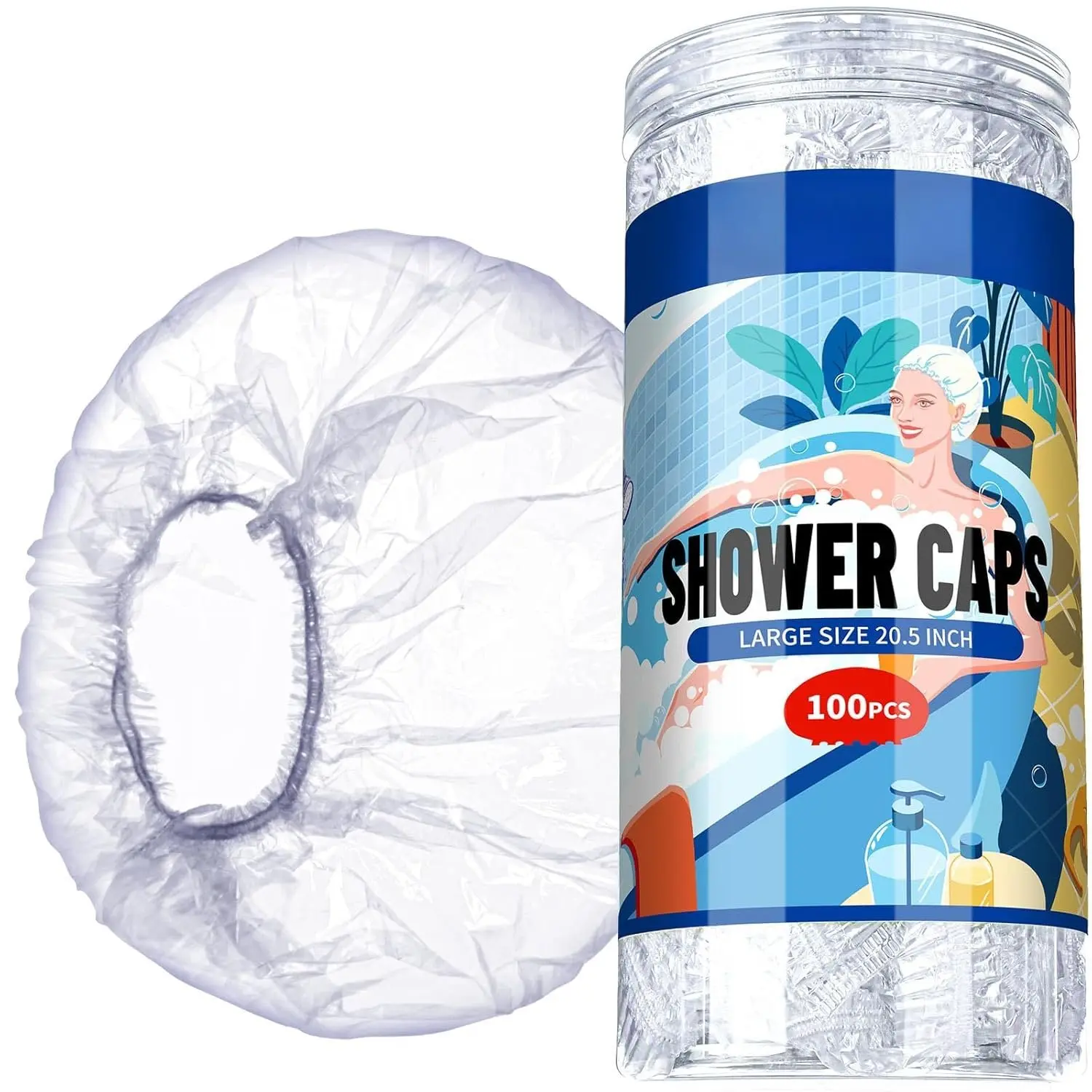 Large Disposable Shower Cap, 100 count Shower Cap, Plastic Shower Caps for Women Disposable, Clear Thick Plastic Caps for Hair , Large Size 20.5 INCH