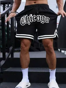 Unisex Chicago Gothic Letter Basketball Shorts - Classic Black White Stripe Trim Loose Fit Casual Shorts for Men Women Teens, Breathable Quick Dry Mesh Athletic Shorts with Drawstring Waist, Athleisure Shorts