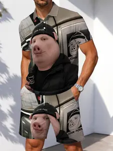 Summer New Men's Polo Shirt Set, John Pork Street Style Portrait Print, Short Sleeve and Shorts Two-Piece Set, Vacation
