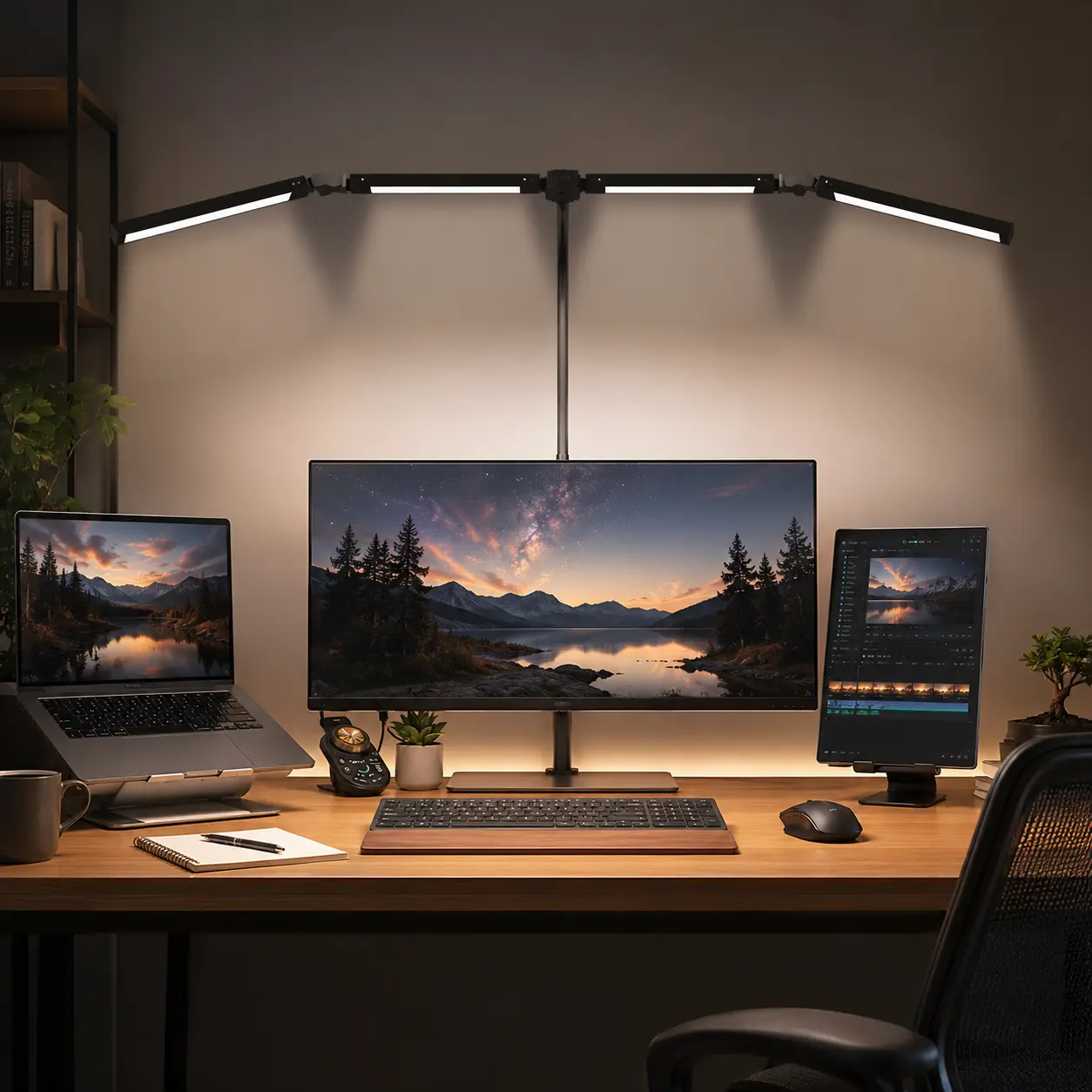 Clip-On Adjustable LED Desk Lamp - Clamp Base, Flexible Neck, 4 Large Eye-Caring Light Sources, Stepless Dimming, Remote-Controlled Color Temp, 5 Lighting Modes, Mood Lighting for Home Office, Draw Use, Knitting, Child Reading