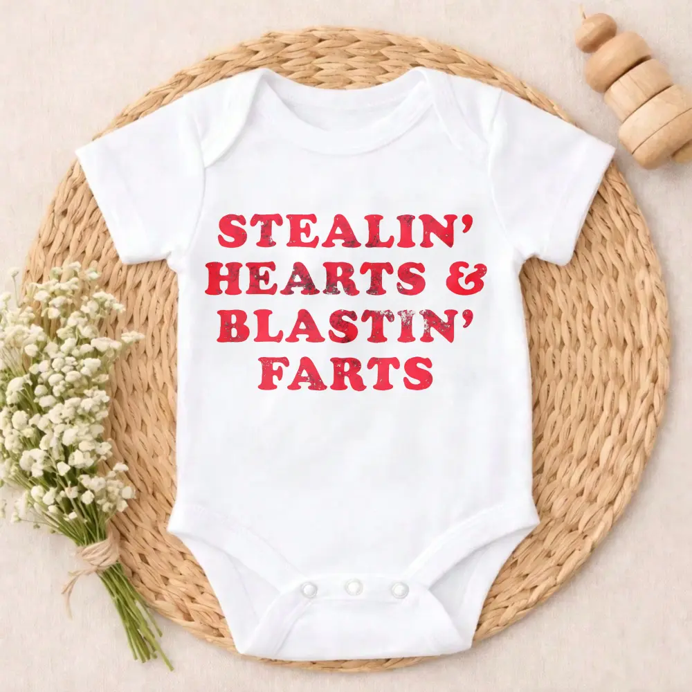 Premium Cotton Baby Bodysuit Stealin Hearts And Blastin Farts Print 100% Pure Cotton Non-Irritating Snap Closure Breathable Great For Sleep & Play