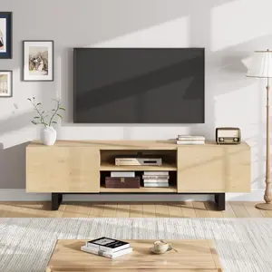 OUTGOODS Industrial Modern TV Stand for 80-Inch TV - Wooden Media Console Table with 2 Drawers, Heavy-Duty Legs & Open Storage - Entertainment Center for Living Room, Natural Oak, Entertainment Tv Stand