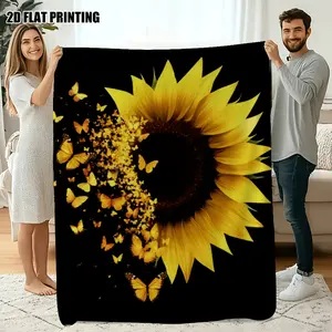 1pc Extra Large Soft Flannel Throw Blanket - Black Background with Yellow Sunflower & Butterflies - All-Season Couch, Bed, Travel, Office Decor - Luxury Home Decor Gift for Women, Men, Housewarming - Plush Cozy Blanket, Bed Cover,