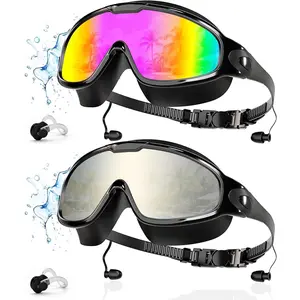 2-Pack Swim Goggles with Attached Earplugs & Nose Clips for Adult Men & Women, Anti-Fog/UV No Leak Wide View Swimming Goggles , Crystal Clear Vision, No Raccoon Eyes,  Multi-protection Swimming Goggles for Water Fun, Pool Day, Beach Trip, Lap Swimming