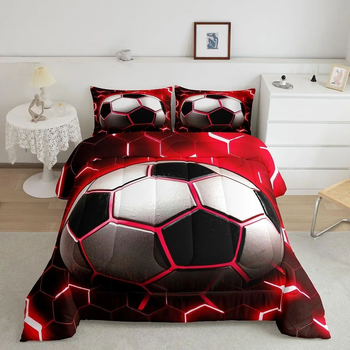Football Comforter Set for Boys Soccer Bedding Comforters & Set,Red Neon Light Decor Duvet Modern Style Glowing Honeycomb Quilt Comforter,Sports Themed Bedroom Decor Twin Full