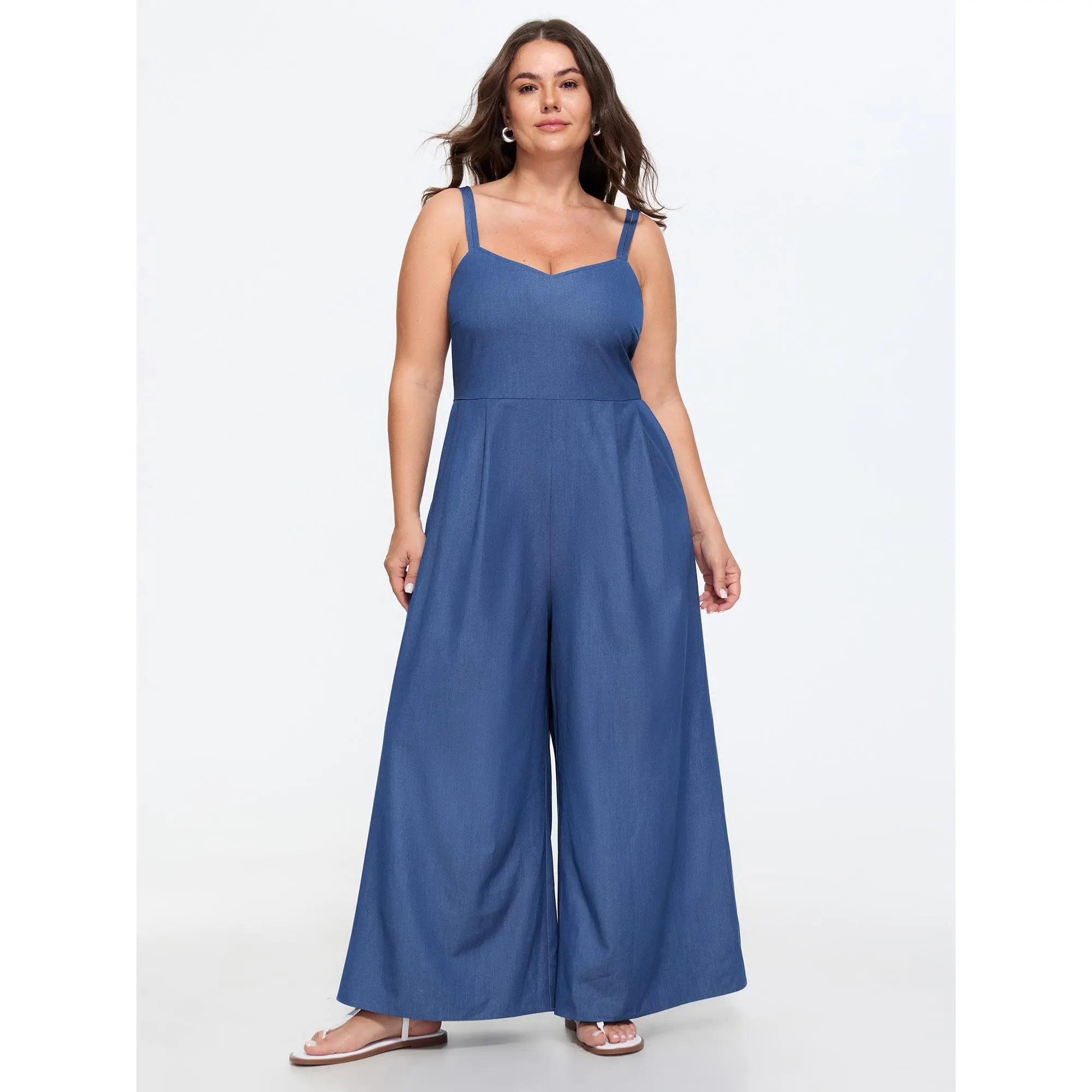 BLOOMCHIC Women's Plus Size Supersoft Pleated Sleeveless Faux Denim Lace-Up Overalls Jumpsuit [14-16/1x,18-20/2x,22-24/3x,M-6X] - Flattering Spandex Blend, Breathable, Comfy, Smooth, Solid, Pocketed, Summer Everyday Casual Basic Garment (Polyester, Rayon)