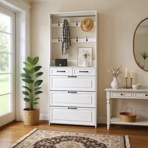 Homy Casa Avenue Shoe Cabinet - Slim Entryway Storage Organizer with 3 Flip Drawers, 2 Top Drawers, and Hooks for Coats, Hats, or Bags