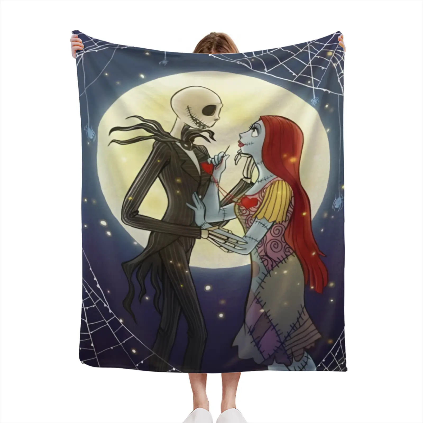 Disney The Nightmare Before Christmas Flannel Blanket - Jack & Sally Romantic Moon Spider Web Throw for Bed, Couch, Cozy Movie Nights - Ideal Halloween Valentine Gift for Disney Lovers Couples