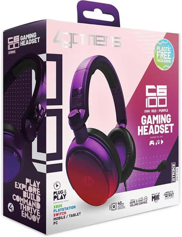 PC Accessory:  Wired Headset - 4Gamers C6-100 STRIKE - Red & Purple:  Compatible with PC, Switch, PS5, XBOX X|S  [GAMES ACCESSORIES] Universal Game