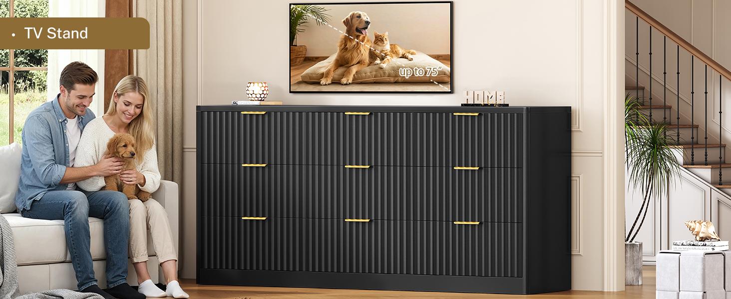 Black Summergarden 63" Wide Modern Bedroom Dresser - 9-Drawer Chest of Drawers with Metal Handles, Cupboards Storage Cabinet Organizer for Bedroom, Living Room, Multiple Storage Drawers,dorm essentials,home decor campingessentials