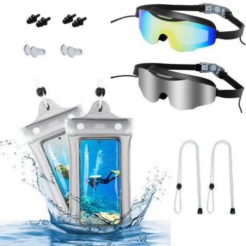 Adult Anti-Fog High Definition Swim Kit, Waterproof Diving Goggles & Bag, 180-Degree Full-Coverage, 3-Color UV Resistant Lenses, Waterproof Earplugs, Adjustable, Leakproof, Easy Wear, Buy 2 Get 4 Pcs, Silver Swimming Accessories