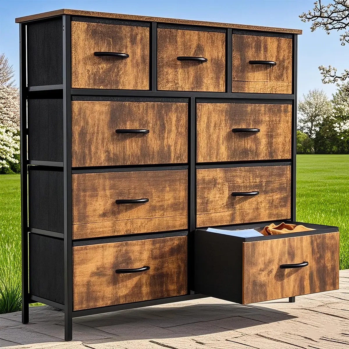 【Springtok】9-Drawer Dresser, Storage Unit Organizer Chest for Clothes, Tall Brown Dresser & Chest of Drawers for Bedroom, Hallway, Living Room, Closet