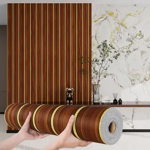 1 roll wood-grain slat-style wall sticker, self-adhesive coated wallpaper with waterproof and sound-insulating features. Textured design with a matte wood finish, easy to clean, install, and removable. Ideal for living room, bedroom, dining room, and ceil
