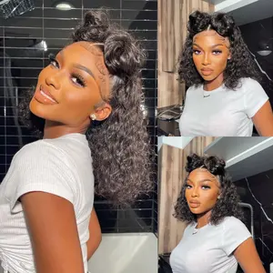 Glueless Water Wave Human Hair Lace Closure Bob Wig, Curly Wig for Black Women 5x5 HD Lace Closure Wig, Wear & Go Glueless Wig 180% Density, Pre Plucked Hairline, Pre Cut Lace