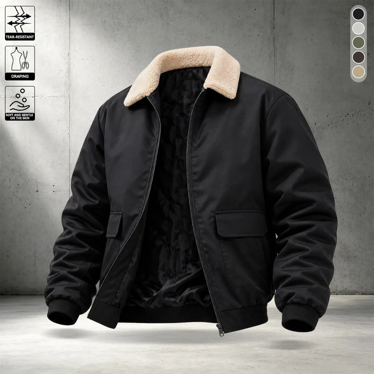 Black men’s aviator jacket with a lambswool collar, ribbed cuffs at the hem and sleeve openings, large patch pockets, suitable for everyday commuting, city outings, and outdoor wear in early autumn.