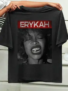 Women's Dark Gray Erykah Graphic Oversized T-Shirt - Hot-Selling Retro Music Streetwear for Relaxed Edgy Looks, Perfect for Daily Outings & Music Fan Style, Trendy Pick with Bold Print & Comfortable Soft Fabric Fit