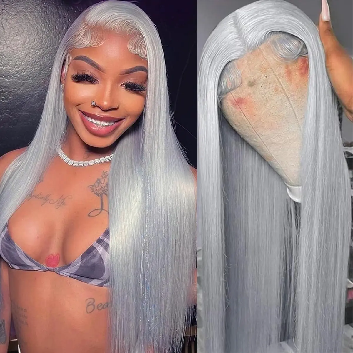 Silver Straight Beauty Lace Front Wig Platinum Blonde Lace Front Wigs Human Hair Pre Plucked #60  main image 2