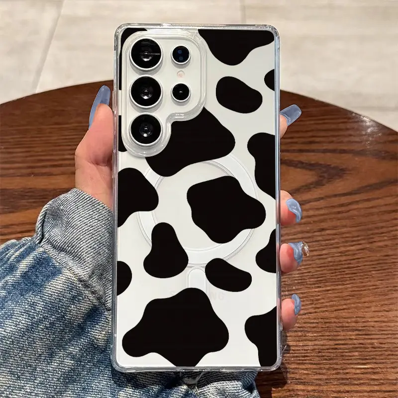 Durable Hard Case Featuring Black Splatter Cow Print Design,Wireless Charging,Supports for  Galaxy S26 S25 S24 S23 S22 S21 S20 Fe Plus Ultra Edge S10E A57 A56 A55 A54 A37 A36 A35 A34 A26 A25 A24 A23 A17 A16 A15 A14 A07 A06 A05s Note20 Note10 Note9,