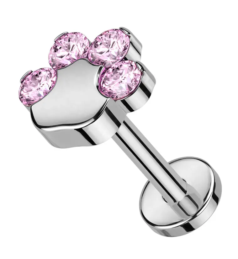 Unisex 18g Paw Print Pink Cubic Zirconia Titanium Threadless Labret, Flatback Stud Piercing Jewelry