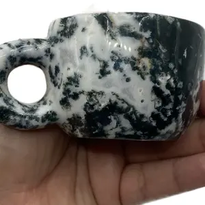 Moss Agate Crystal Teacup - Handcrafted with Druzy Pockets, 2 Inches Tall, 2 1/2 Inches Wide, Beautifully Designed
